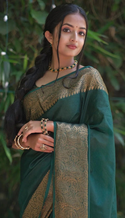 Nayira - Dark Green Soft Silk Saree with Silver Zari Border and Matching Blouse