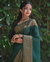 Nayira - Dark Green Soft Silk Saree with Silver Zari Border and Matching Blouse