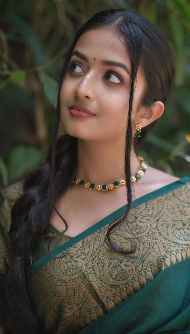 Nayira - Dark Green Soft Silk Saree with Silver Zari Border and Matching Blouse