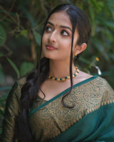 Nayira - Dark Green Soft Silk Saree with Silver Zari Border and Matching Blouse