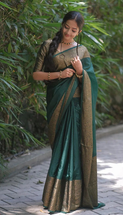 Nayira - Dark Green Soft Silk Saree with Silver Zari Border and Matching Blouse