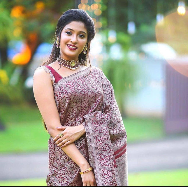Aashvi - Wine Banarasi Silk Saree with Jacquard Weaving Work