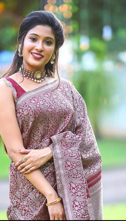 Aashvi - Wine Banarasi Silk Saree with Jacquard Weaving Work