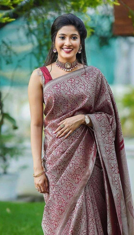 Aashvi - Wine Banarasi Silk Saree with Jacquard Weaving Work