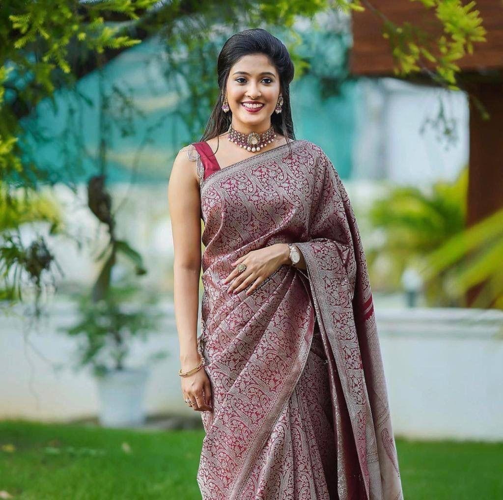 Aashvi - Wine Banarasi Silk Saree with Jacquard Weaving Work
