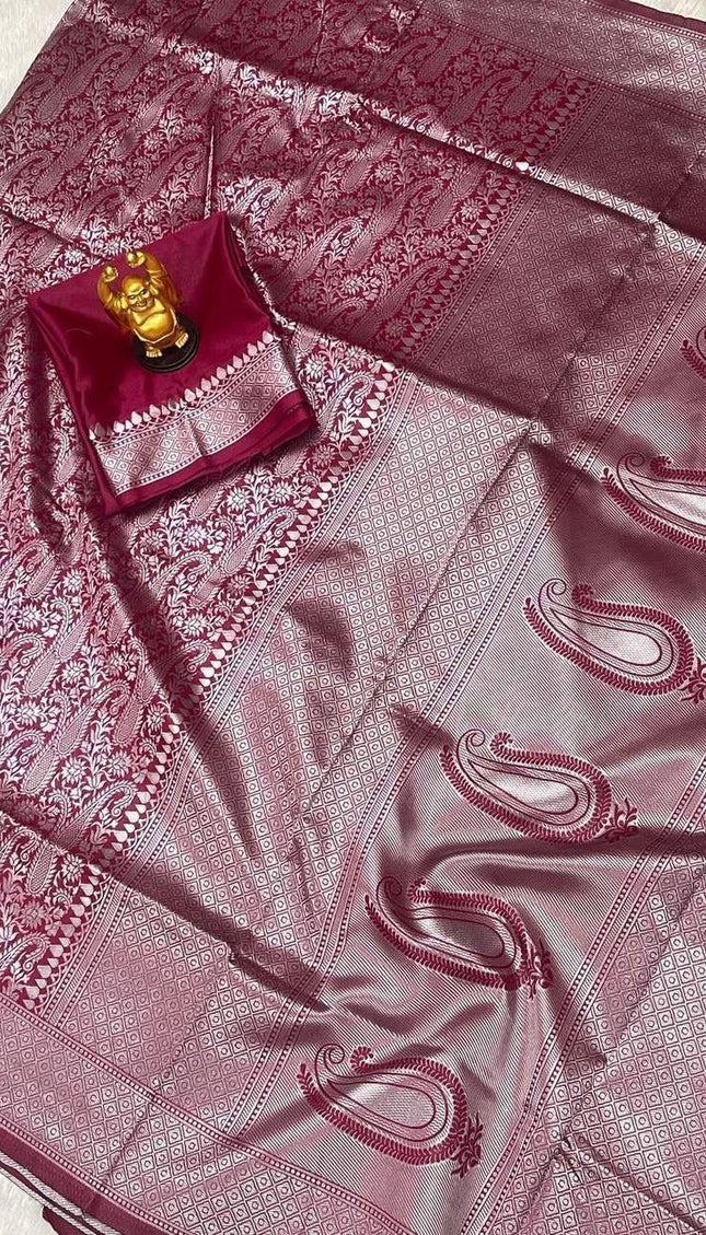 Aashvi - Wine Banarasi Silk Saree with Jacquard Weaving Work
