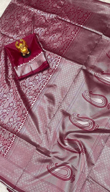 Aashvi - Wine Banarasi Silk Saree with Jacquard Weaving Work