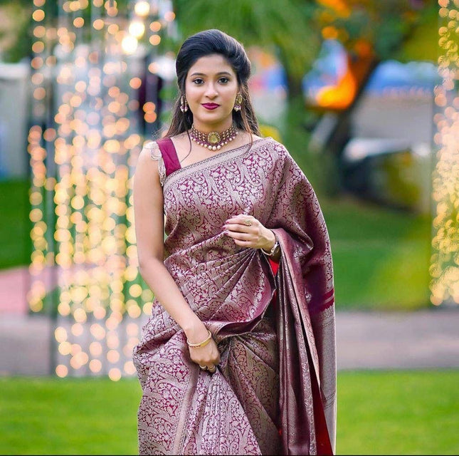 Aashvi - Wine Banarasi Silk Saree with Jacquard Weaving Work