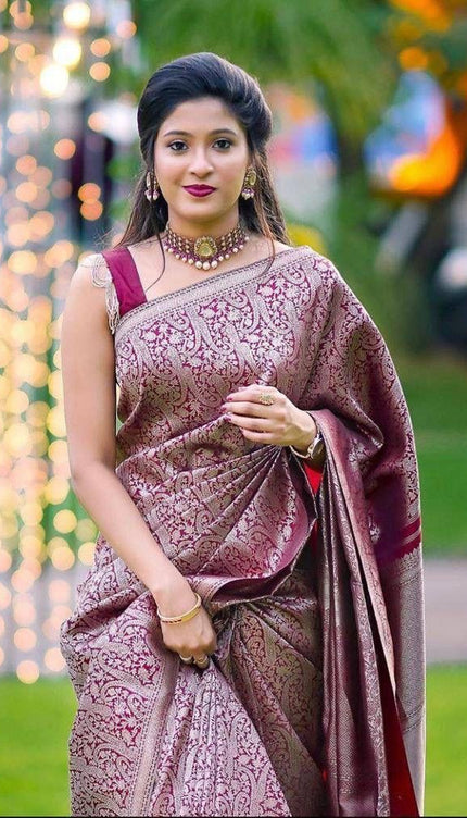 Aashvi - Wine Banarasi Silk Saree with Jacquard Weaving Work