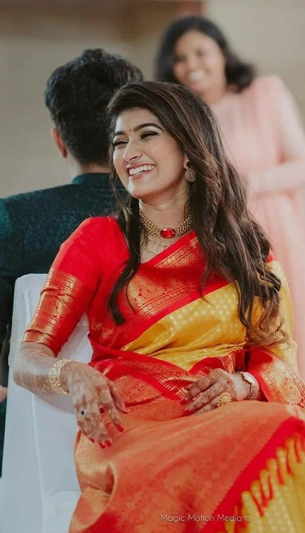 Pranita – Yellow Red Banarasi Silk Saree