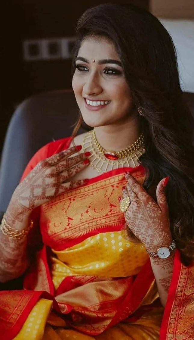 Pranita – Yellow Red Banarasi Silk Saree