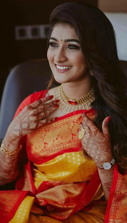 Pranita – Yellow Red Banarasi Silk Saree