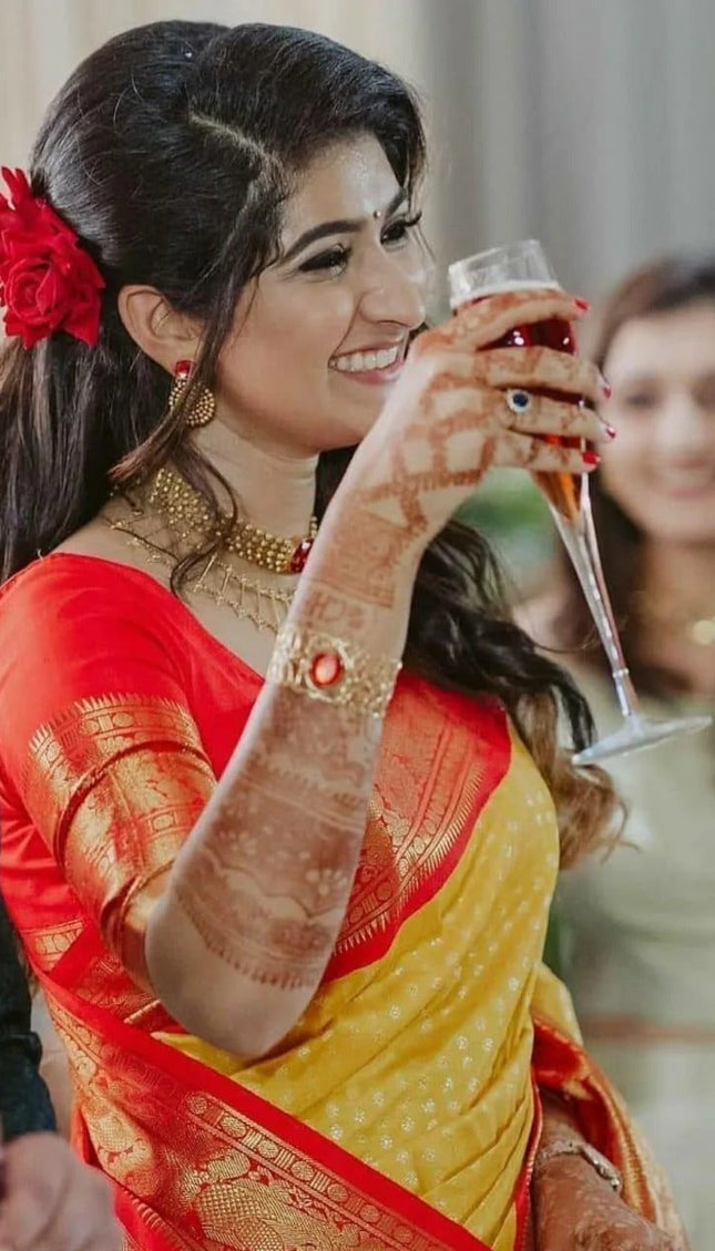 Pranita – Yellow Red Banarasi Silk Saree