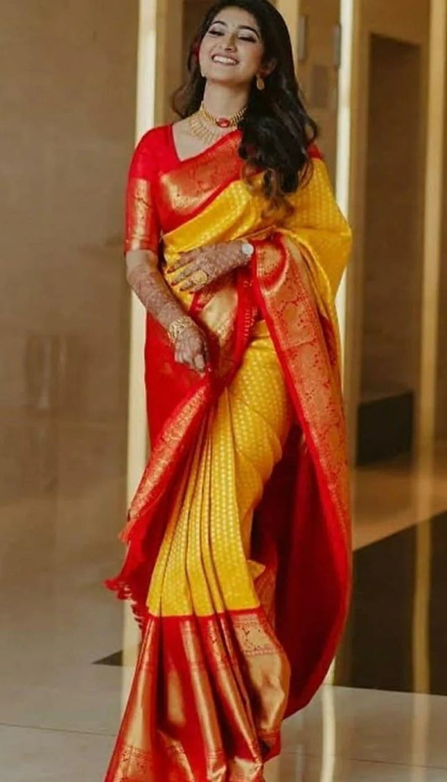 Pranita – Yellow Red Banarasi Silk Saree
