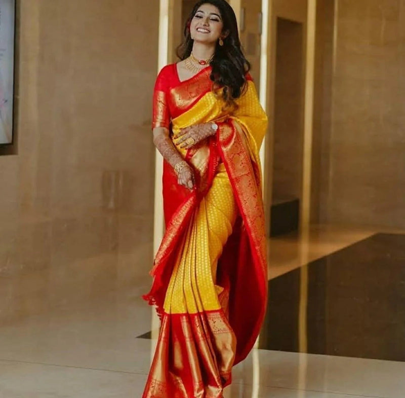 Pranita – Yellow Red Banarasi Silk Saree