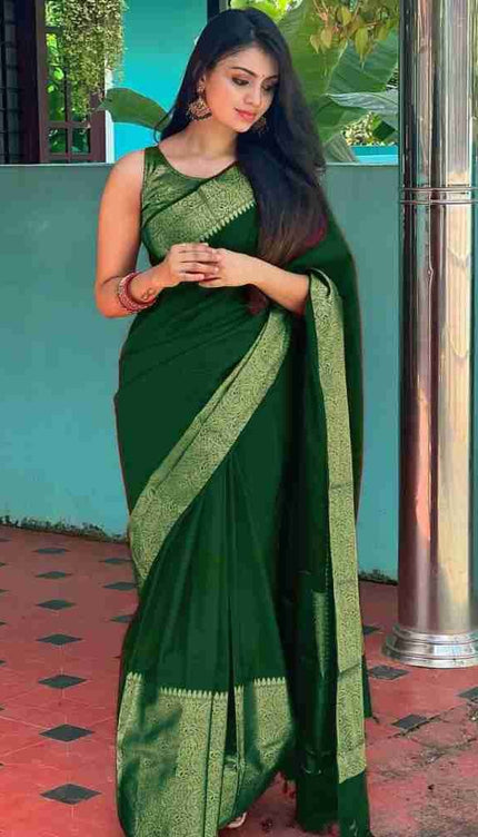 Nayira - Green Soft Silk Saree with Silver Zari Border and Matching Blouse