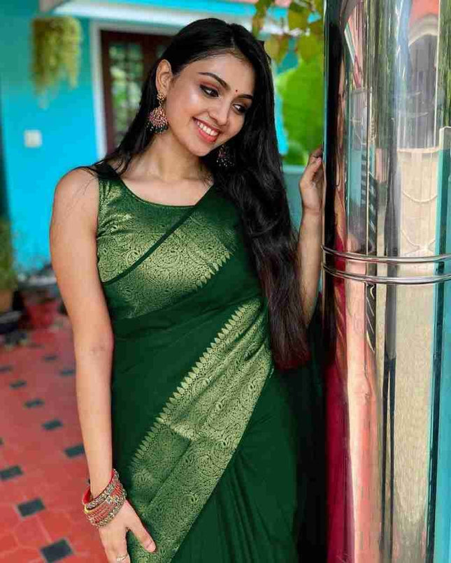 Nayira - Green Soft Silk Saree with Silver Zari Border and Matching Blouse