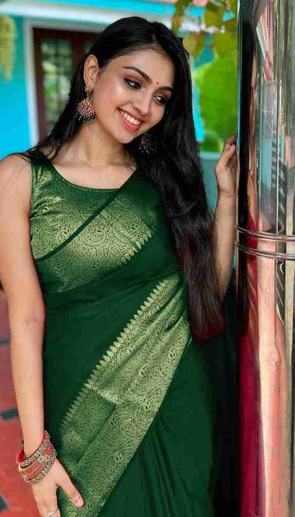 Nayira - Green Soft Silk Saree with Silver Zari Border and Matching Blouse