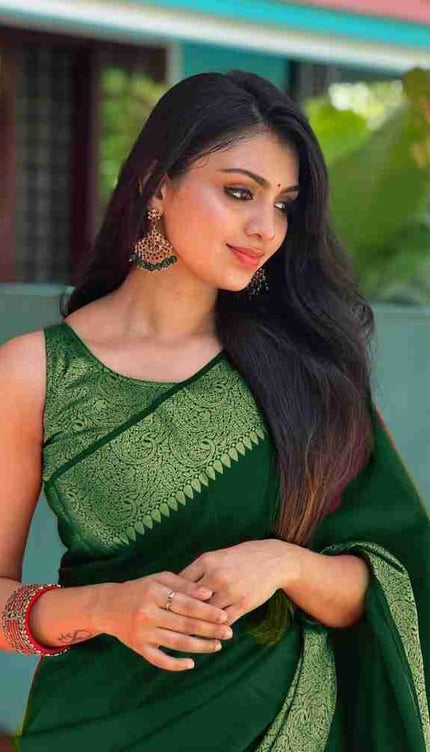 Nayira - Green Soft Silk Saree with Silver Zari Border and Matching Blouse