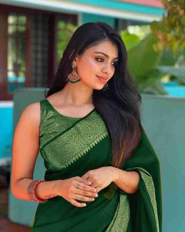 Nayira - Green Soft Silk Saree with Silver Zari Border and Matching Blouse