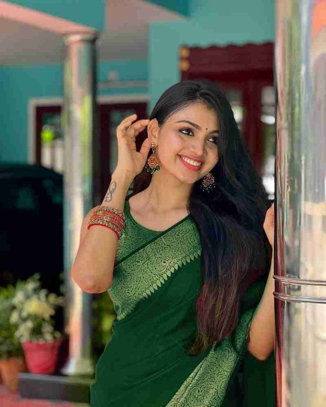 Nayira - Green Soft Silk Saree with Silver Zari Border and Matching Blouse