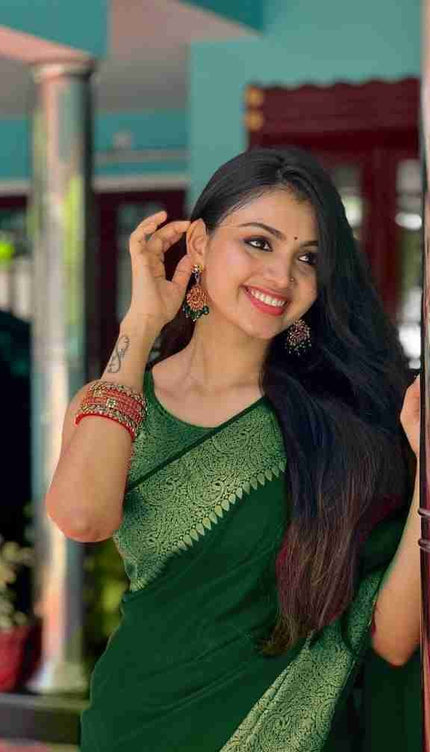 Nayira - Green Soft Silk Saree with Silver Zari Border and Matching Blouse