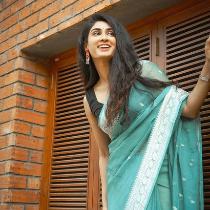 Samaira - Firozi Soft Silk Saree with Subtle Jacquard and Matching Blouse