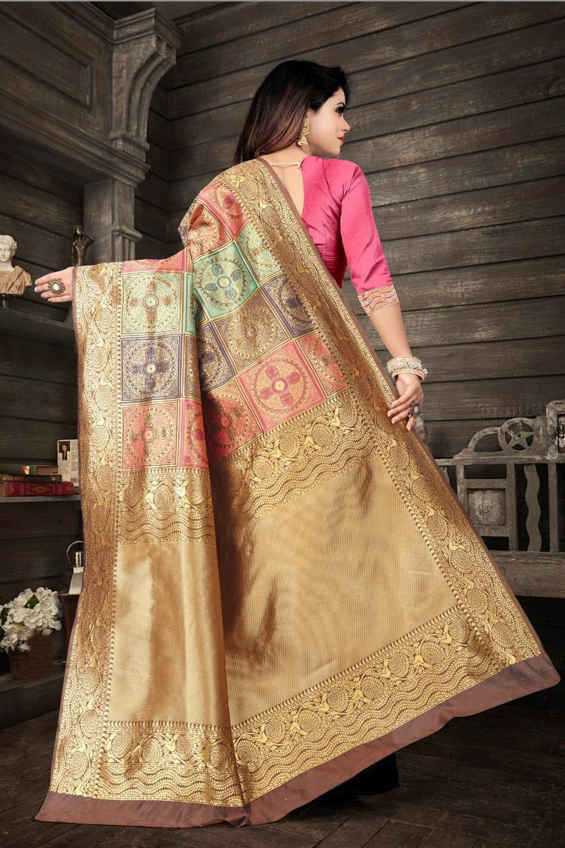 Navya Beige Soft Banarasi Silk Saree with Multicolor Jacquard Blocks & Gold Zari Border
