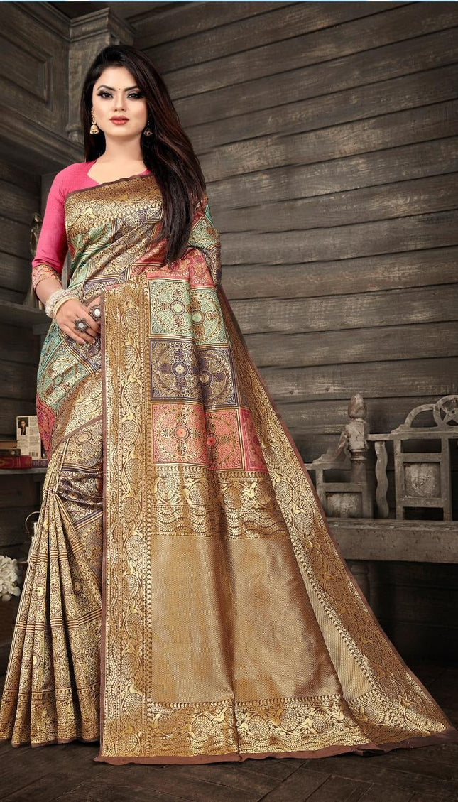 Navya Beige Soft Banarasi Silk Saree with Multicolor Jacquard Blocks & Gold Zari Border