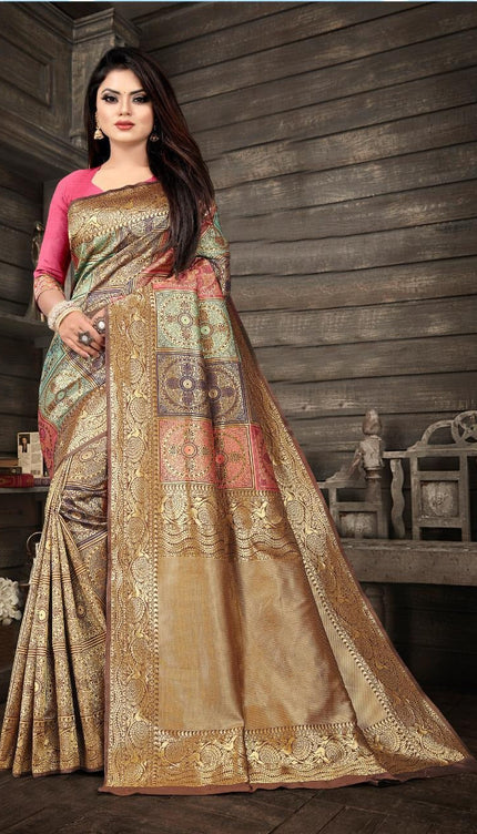 Navya Beige Soft Banarasi Silk Saree with Multicolor Jacquard Blocks & Gold Zari Border