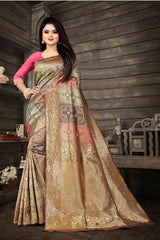 Navya Beige Soft Banarasi Silk Saree with Multicolor Jacquard Blocks & Gold Zari Border