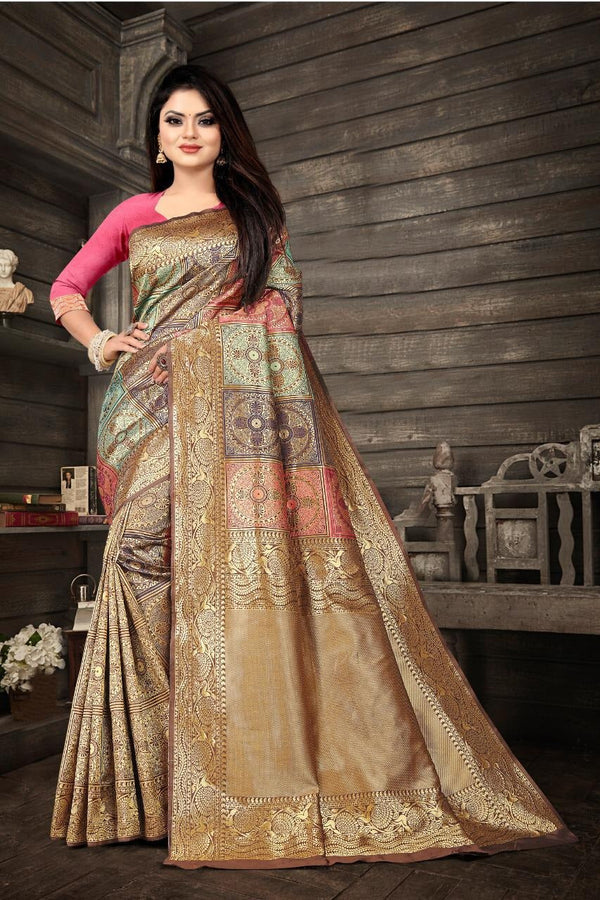 Navya Beige Soft Banarasi Silk Saree with Multicolor Jacquard Blocks & Gold Zari Border