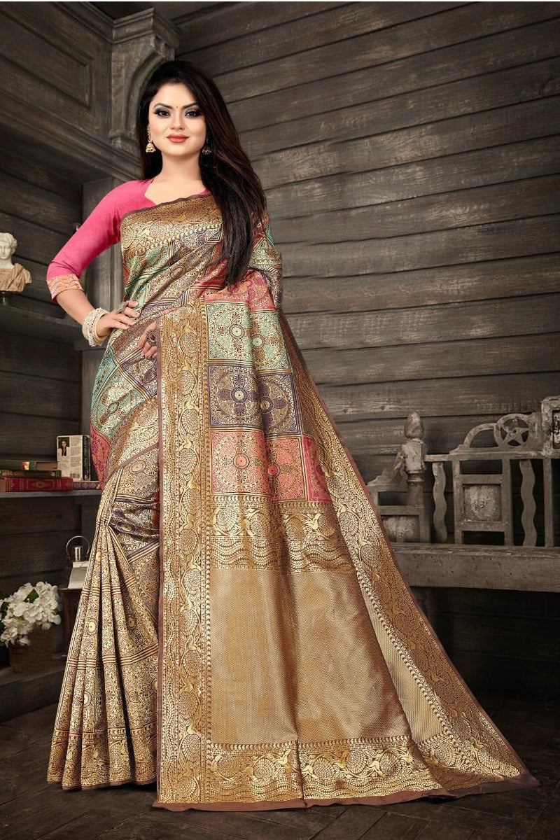 Navya Beige Soft Banarasi Silk Saree with Multicolor Jacquard Blocks & Gold Zari Border
