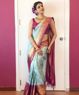 Tanvika - Sky Soft Banarasi Silk Saree with Wine Jacquard Border