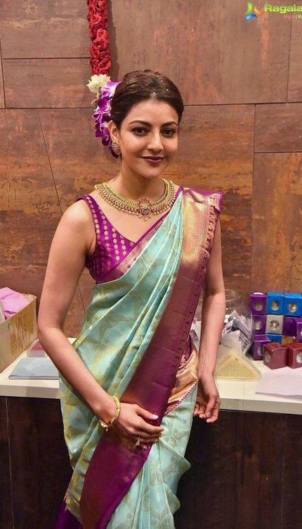 Tanvika - Sky Soft Banarasi Silk Saree with Wine Jacquard Border