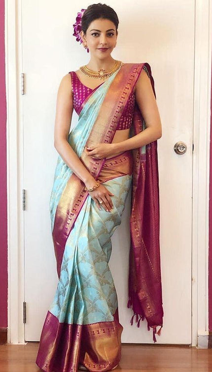 Tanvika - Sky Soft Banarasi Silk Saree with Wine Jacquard Border
