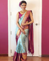 Tanvika - Sky Soft Banarasi Silk Saree with Wine Jacquard Border
