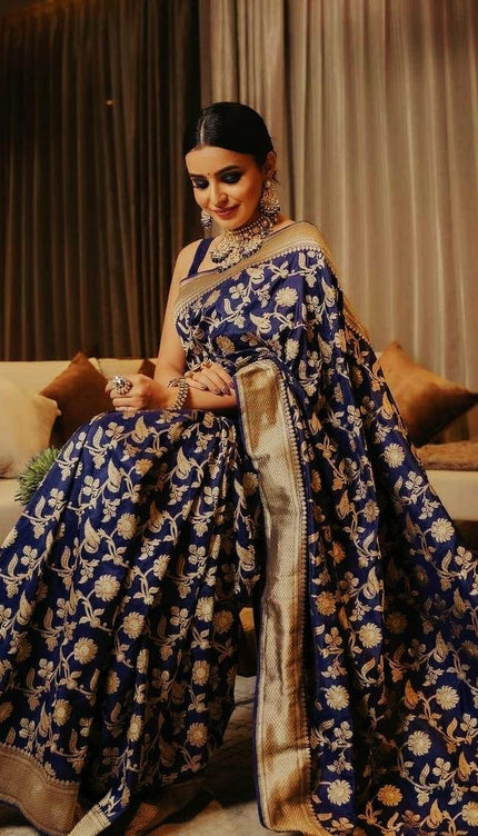Rasbai - Blue Banarasi Silk Saree with Jacquard Gold Woven Work