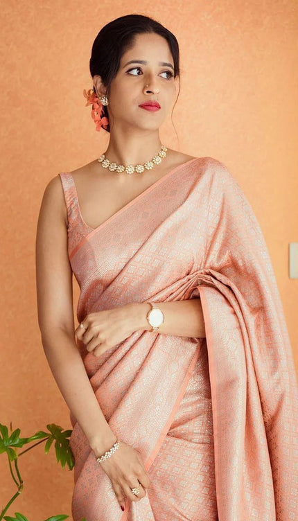 Sundari - Peach Soft Banarasi Silk Saree with Jacquard Work & Matching Blouse