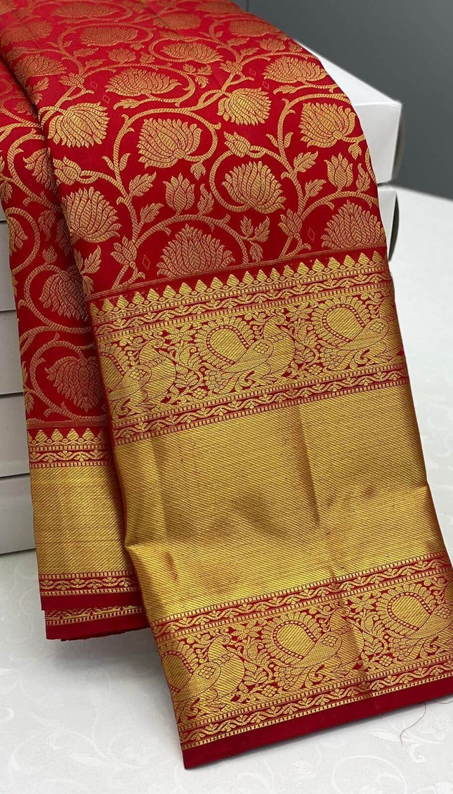 Rajshree - Red Kanjivaram Silk Saree with Jacquard Golden Zari Work
