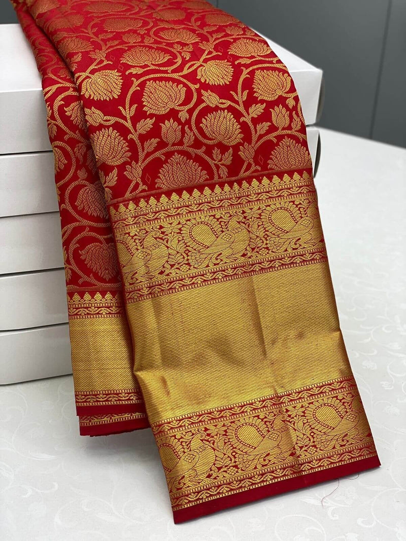 Rajshree - Red Kanjivaram Silk Saree with Jacquard Golden Zari Work