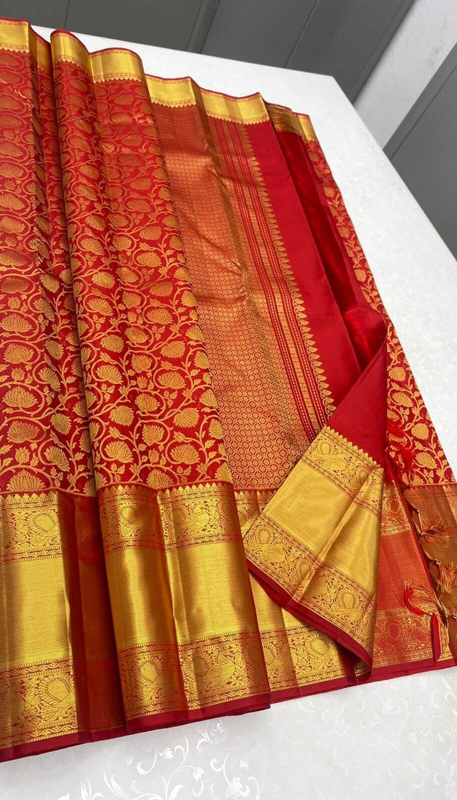 Rajshree - Red Kanjivaram Silk Saree with Jacquard Golden Zari Work