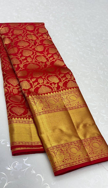 Rajshree - Red Kanjivaram Silk Saree with Jacquard Golden Zari Work