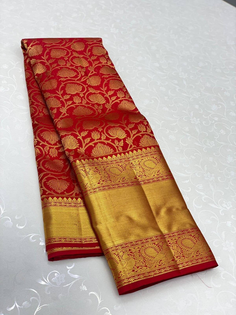 Rajshree - Red Kanjivaram Silk Saree with Jacquard Golden Zari Work