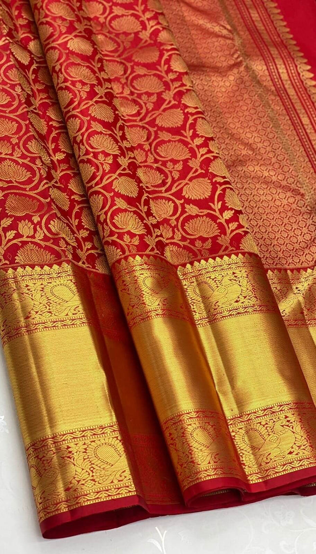 Rajshree - Red Kanjivaram Silk Saree with Jacquard Golden Zari Work