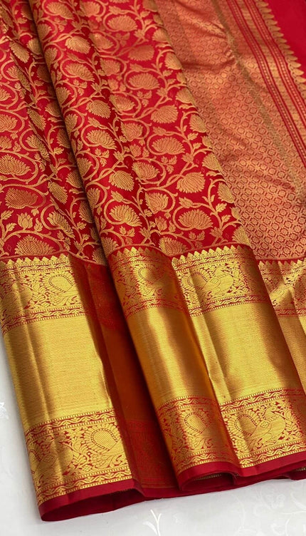 Rajshree - Red Kanjivaram Silk Saree with Jacquard Golden Zari Work