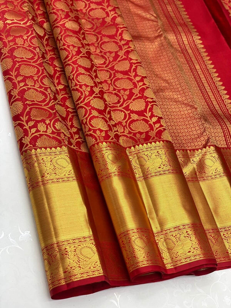 Rajshree - Red Kanjivaram Silk Saree with Jacquard Golden Zari Work