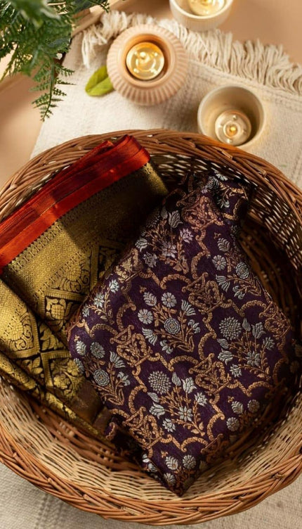Kaushiki – Wine Banarasi Silk Saree with Intricate Jacquard Floral Weave
