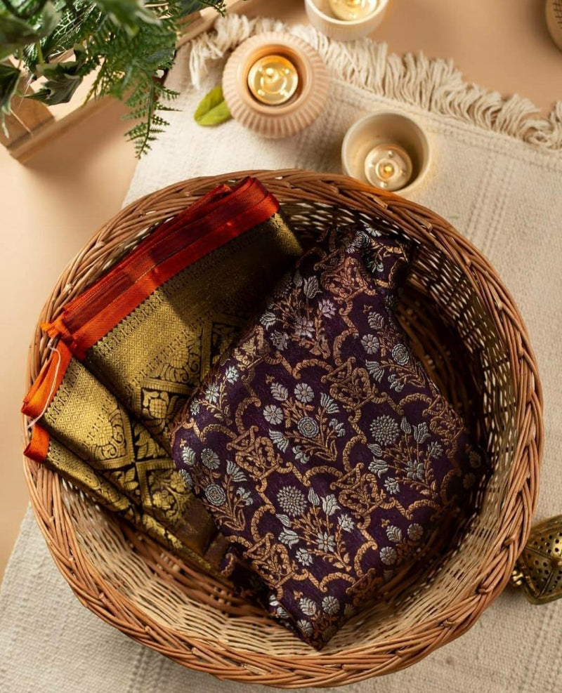 Kaushiki – Wine Banarasi Silk Saree with Intricate Jacquard Floral Weave