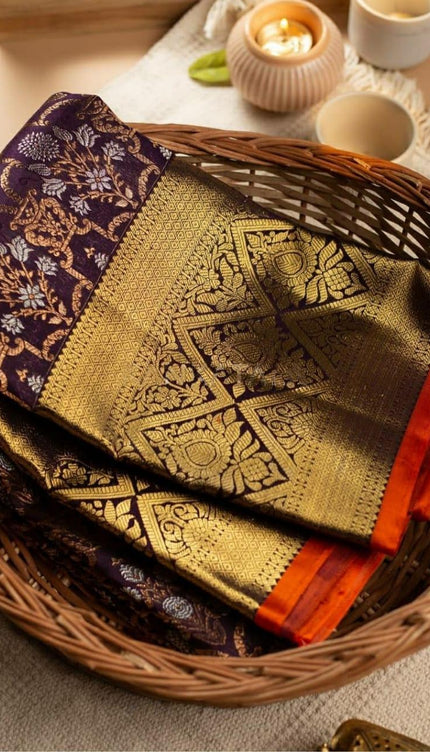 Kaushiki – Wine Banarasi Silk Saree with Intricate Jacquard Floral Weave
